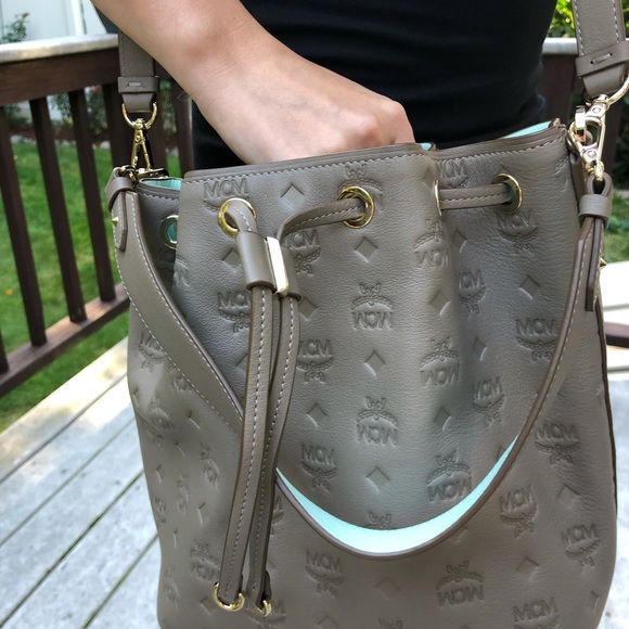 MCM Taupe Leather Essential Drawstring Shoulder Monogram Bag NWOT - Picture 4 of 8